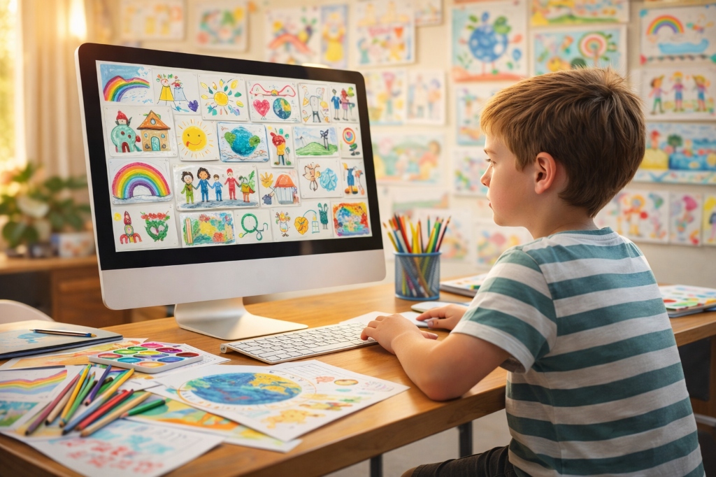 Child looking at digital art gallery on monitor